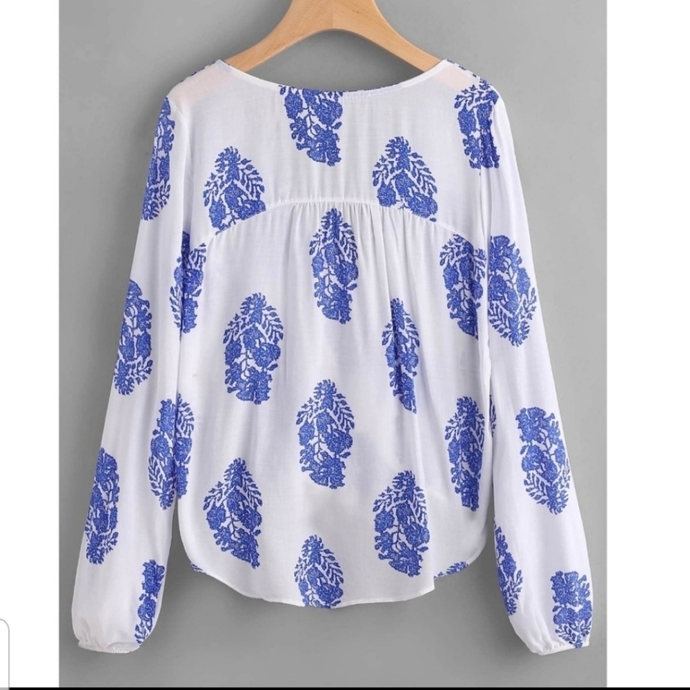 Boho Blue White Wrap Blouse Tassel Tie Peasant Top NWT S - Picture 4 of 5